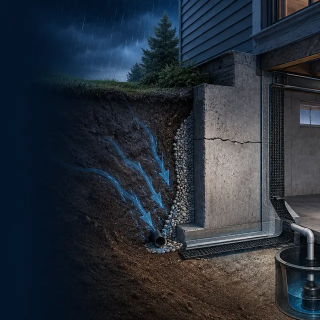 Foundation and waterproofing technician inspecting a Dayton-area basement